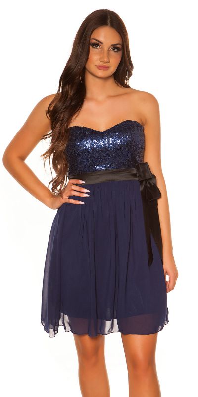 Robe bustier de soirée à sequins avec voilage - Bleu Marine